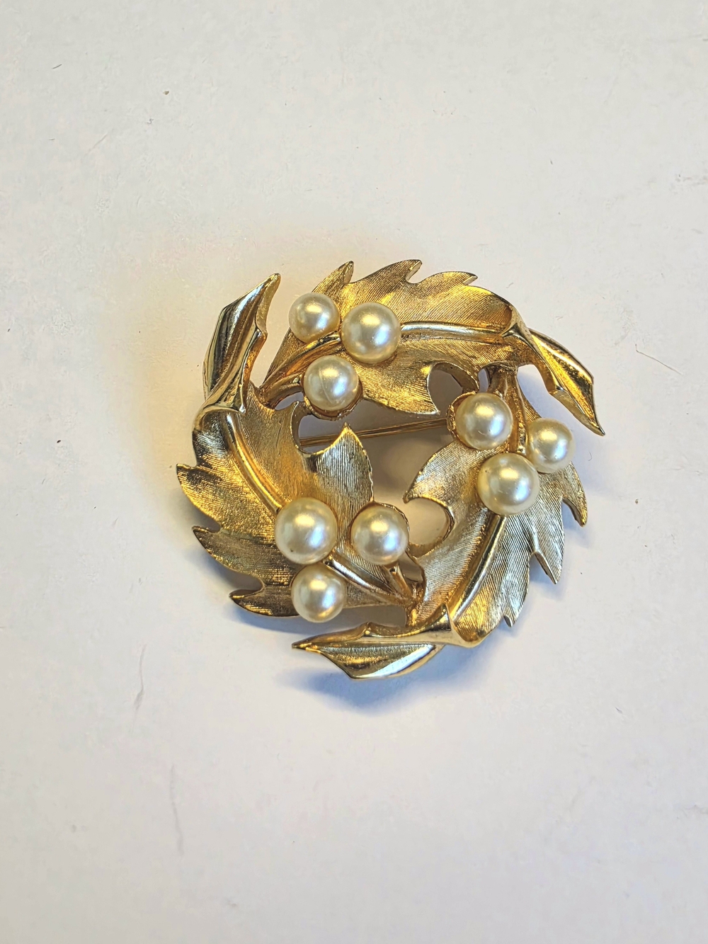 Trifari Vintage Crown Trifari Leaf and Faux Pearl Wreath Brooch Vintage Leaf